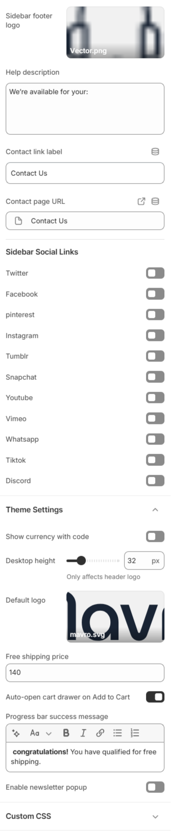 header settings