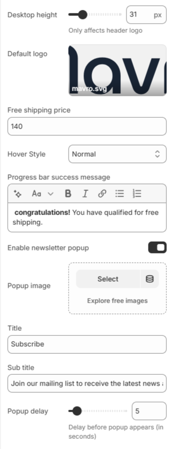 header settings