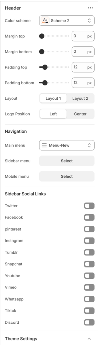 header settings